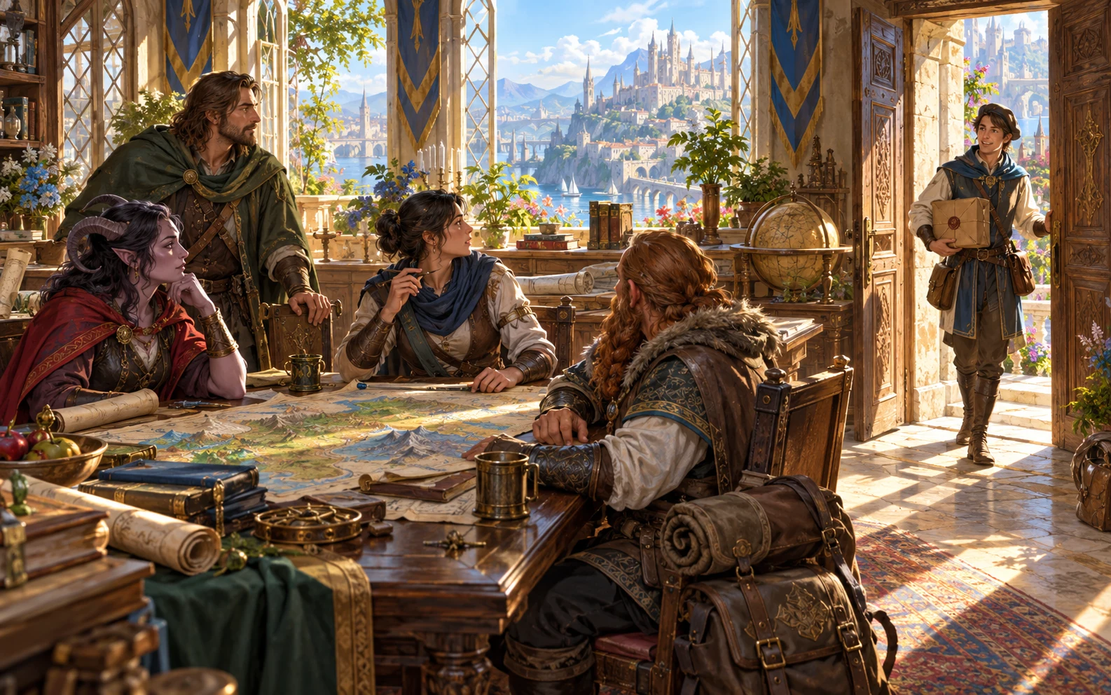 A courier arrives at a guild meeting while people discuss their plans.