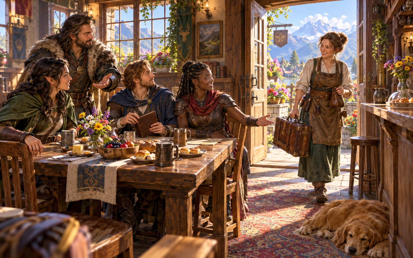A familiar craftswoman arrives during an inn breakfast with a clear everyday purpose.