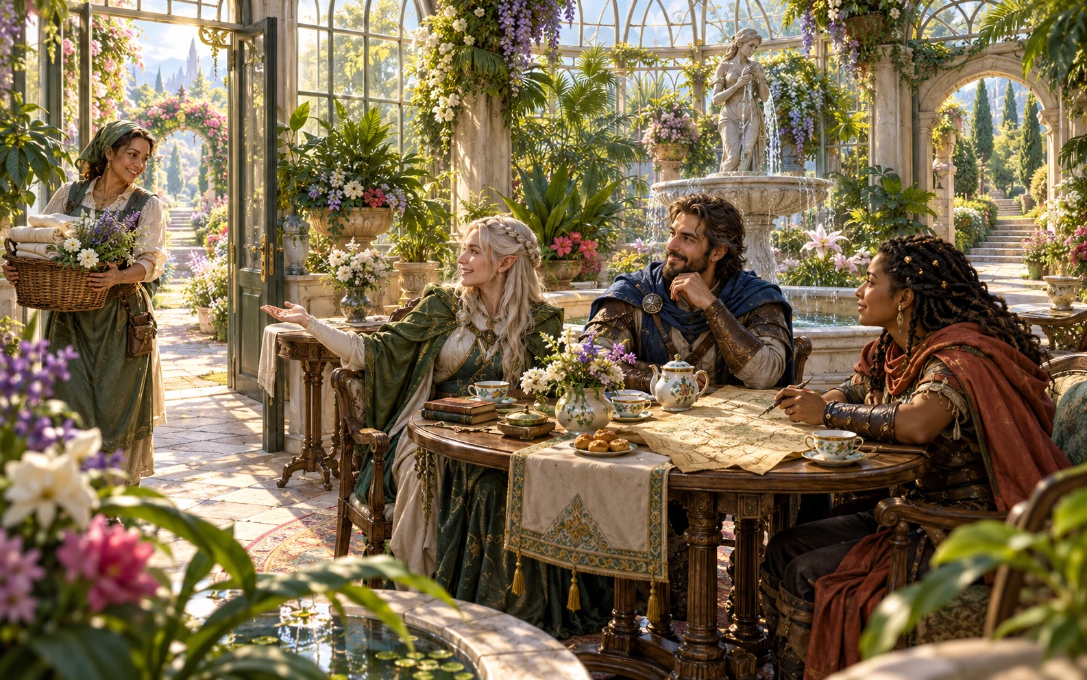 A groundskeeper enters a conservatory gathering for an ordinary task.